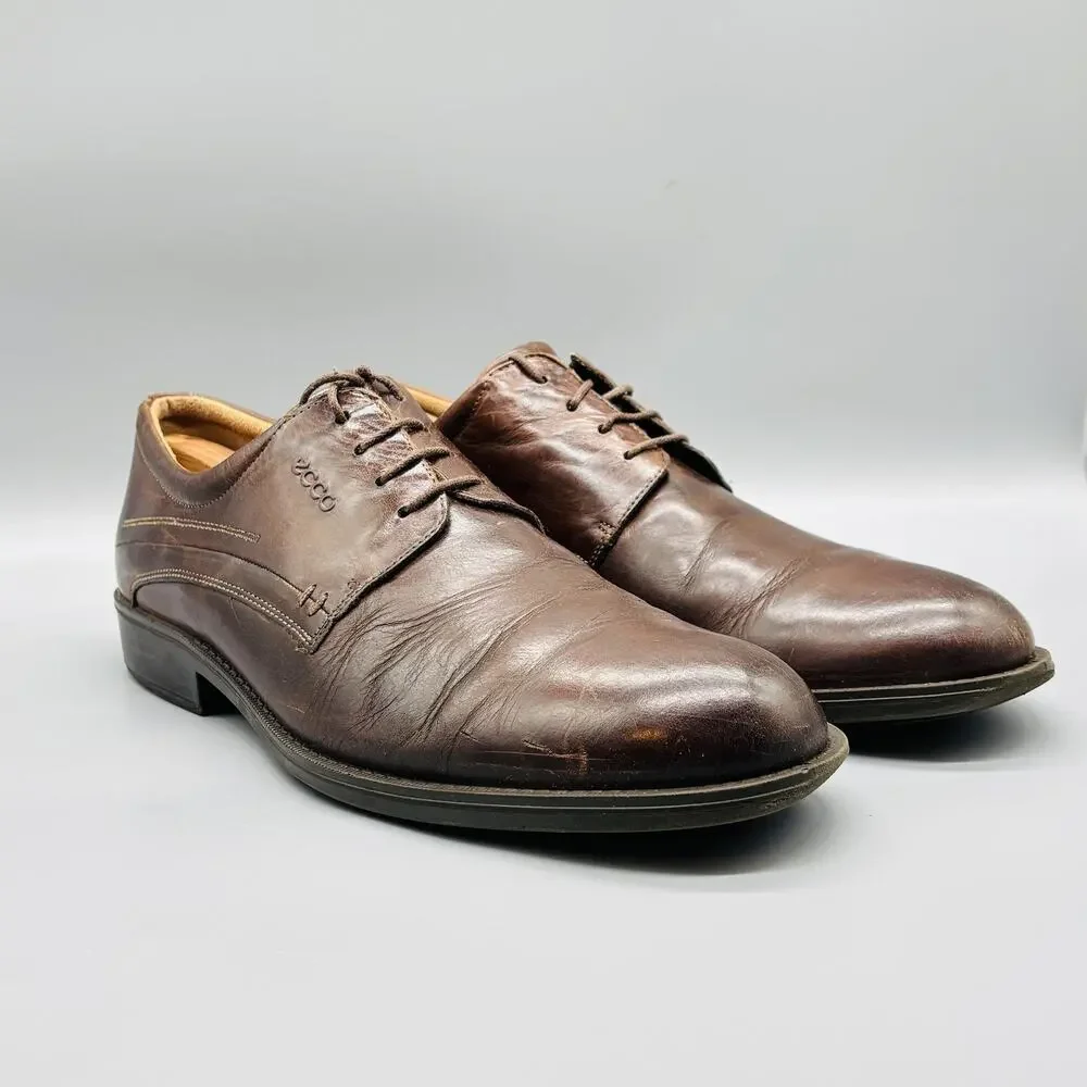 Ecco Shoes Mens 12.5 Brown Leather Lace Up Oxford Dress Plain Toe Comfort Casual